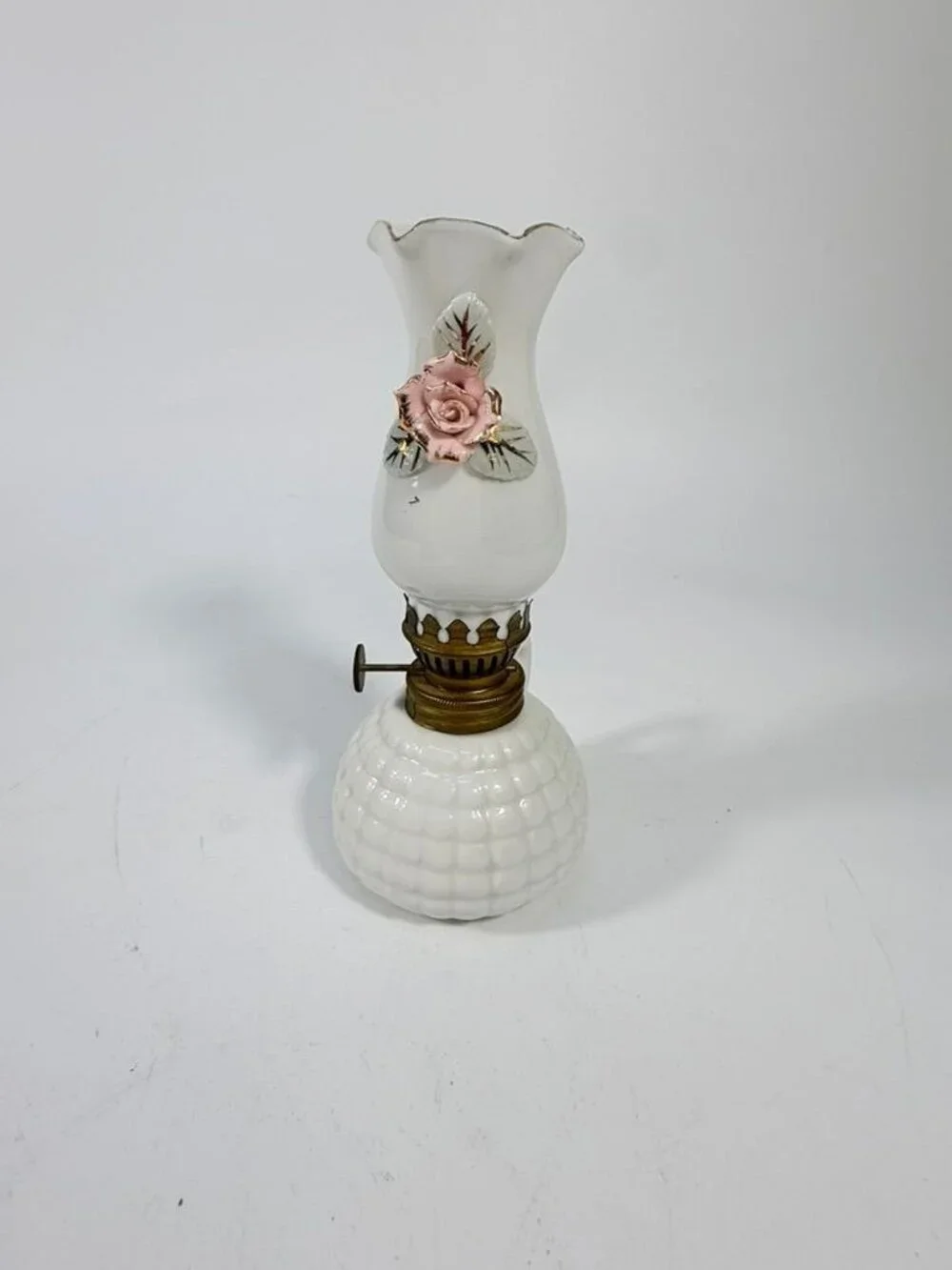 Mini Finger Oil Lamp Porcelain Ceramic Raised Rose Shade Chimney Vintage Home De - Picture 2 of 16